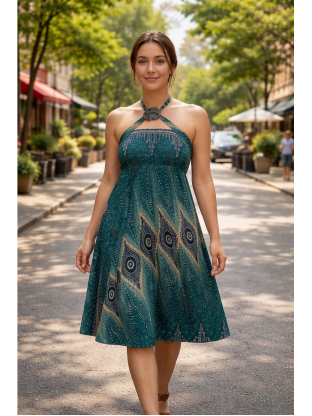 Ingkarat Women's Peacock Print Convertible Halter Maxi Dress/Skirt OS
